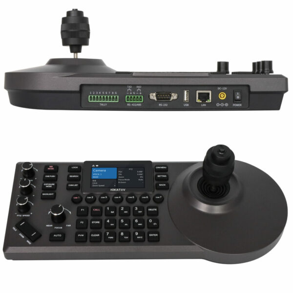 PTZ Camera Controller with 3-inch colour LCD - real time preview (NDI HX2 and RTSP only), 4D Joystick, 3D Knobs, Zoom Button, Compatible with NDI, VISCA, Onvif, PELCO P/D - Ergonomic Design with Customizable Buttons.