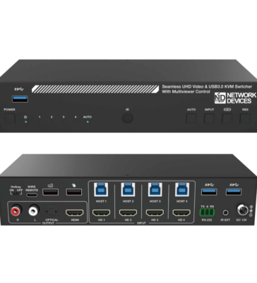 4 x 1 KVM Switcher with Multiview, USB3, 4K60 UHD, RS232 Control, Audio Out with Volume Control