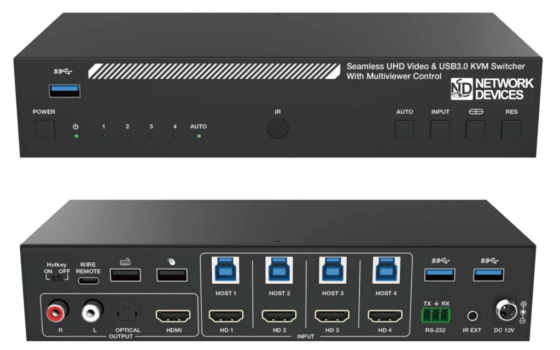 4 x 1 KVM Switcher with Multiview, USB3, 4K60 UHD, RS232 Control, Audio Out with Volume Control