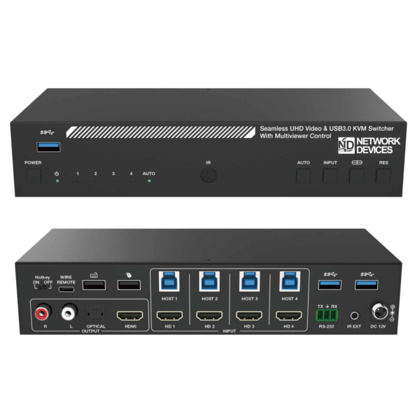 4 x 1 KVM Switcher with Multiview, USB3, 4K60 UHD, RS232 Control, Audio Out with Volume Control