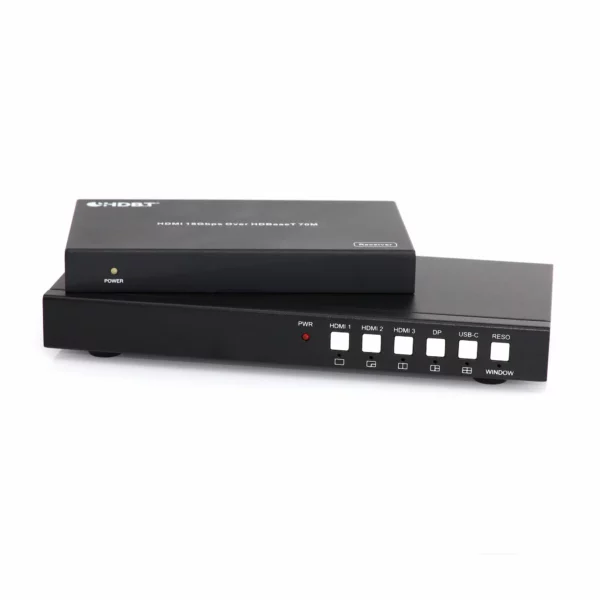 5 x 2 Seamless Presentation Switcher with HDMI and HDBT Out. PIP and Autoswitch functions. Includes RX