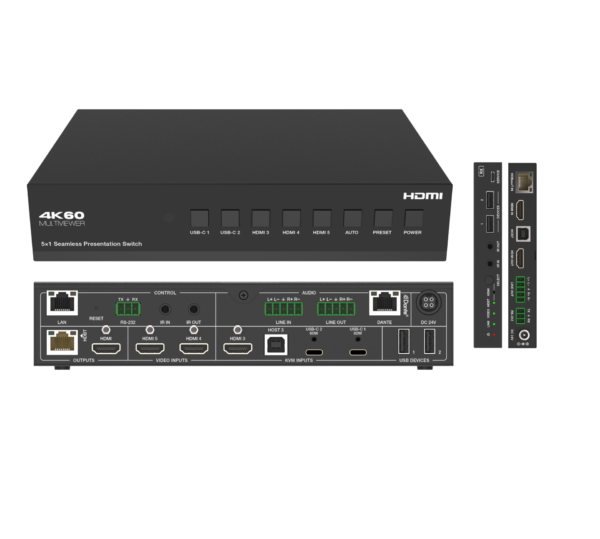 5x1 HDMI/USB-C 4K60 Seamless Presentation Switch with HDBaseT 3.0 70m Out, Dante, USB Switching