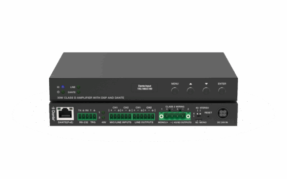 Networked Class-D Amplifier 30W 8/4 Ohm POE/24v Powered with Dante and DSP