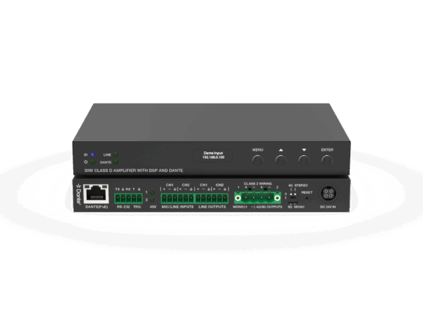 Networked Class-D Amplifier 30W 8/4 Ohm POE/24v Powered with Dante and DSP