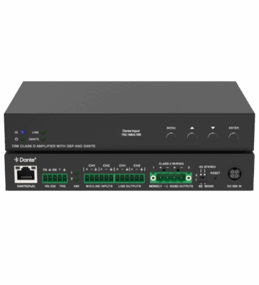Networked Class-D Amplifier 70W 8/4 Ohm POE/24v Powered with Dante and DSP