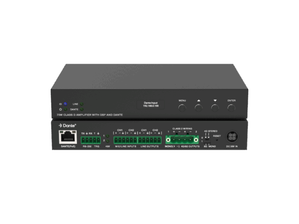 Networked Class-D Amplifier 70W 8/4 Ohm POE/24v Powered with Dante and DSP
